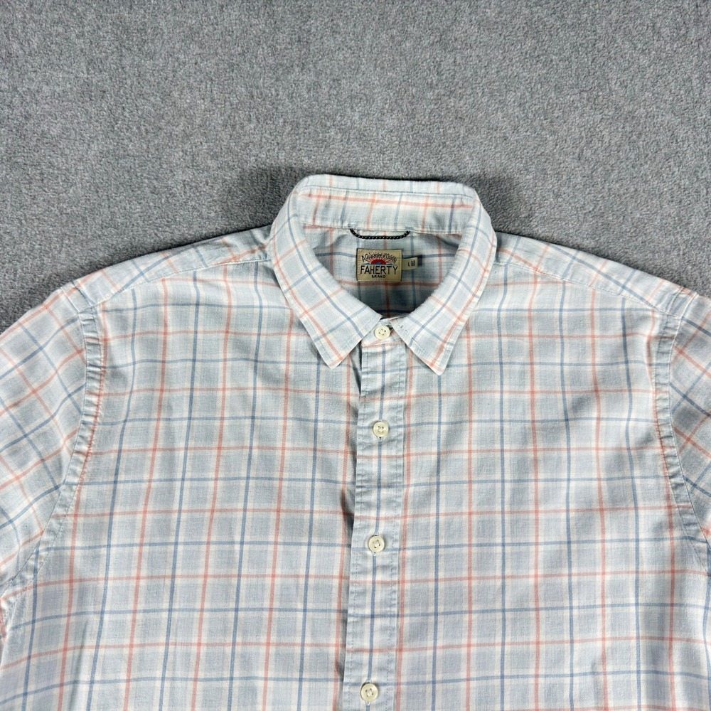 Faherty Movement Shirt Mens L Blue‎ Pink Plaid Short Sleeve Button Up Stretch